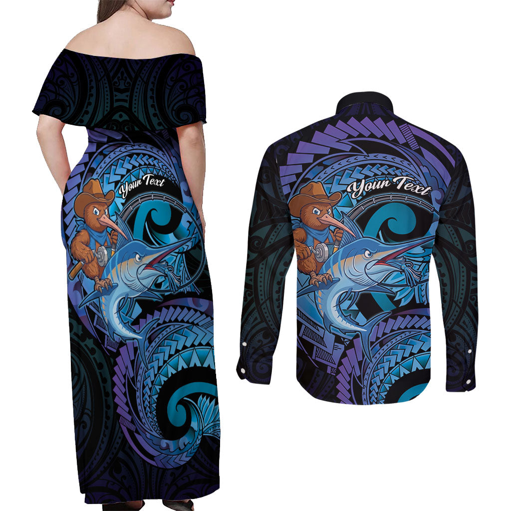 Personalised Blue Marlin Fishing New Zealand Couples Matching Off Shoulder Maxi Dress and Long Sleeve Button Shirt NZ Kiwi Cowboy Born To Fish LT14 - Polynesian Pride