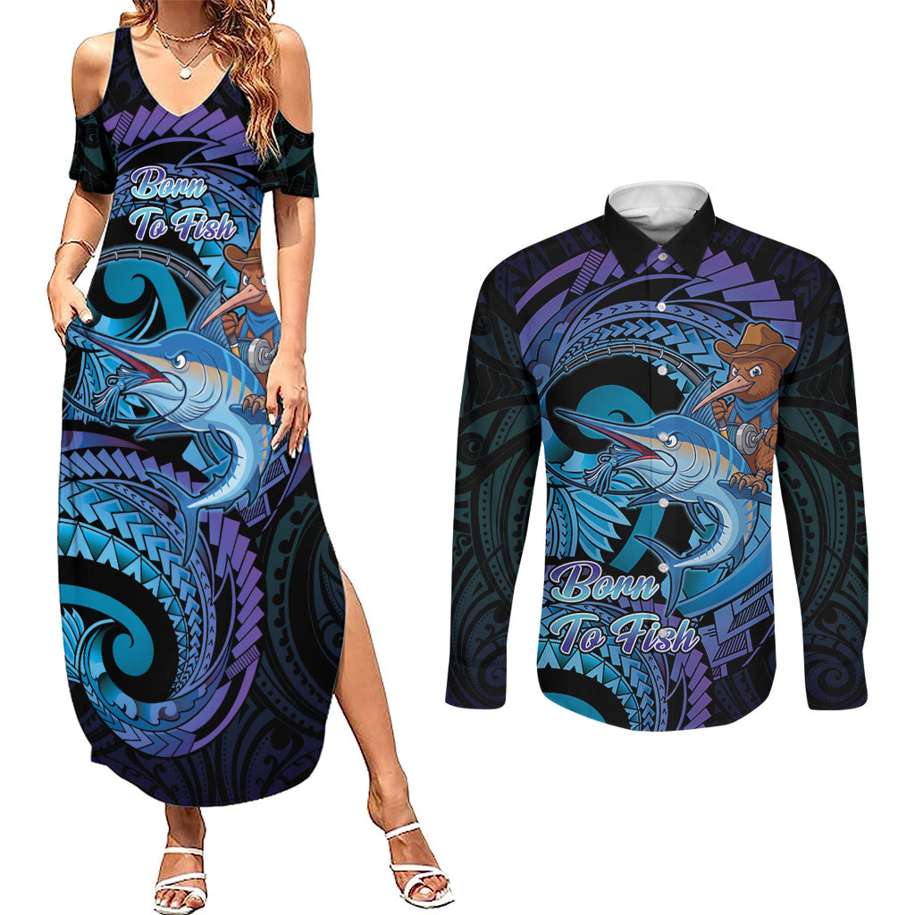 Personalised Blue Marlin Fishing New Zealand Couples Matching Summer Maxi Dress and Long Sleeve Button Shirt NZ Kiwi Cowboy Born To Fish LT14 Purple - Polynesian Pride