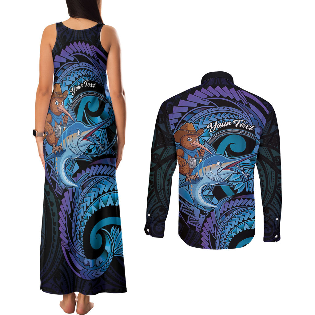 Personalised Blue Marlin Fishing New Zealand Couples Matching Tank Maxi Dress and Long Sleeve Button Shirt NZ Kiwi Cowboy Born To Fish LT14 - Polynesian Pride