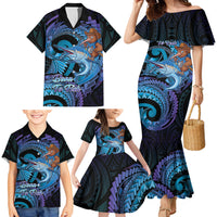 Personalised Blue Marlin Fishing New Zealand Family Matching Mermaid Dress and Hawaiian Shirt NZ Kiwi Cowboy Born To Fish LT14 - Polynesian Pride