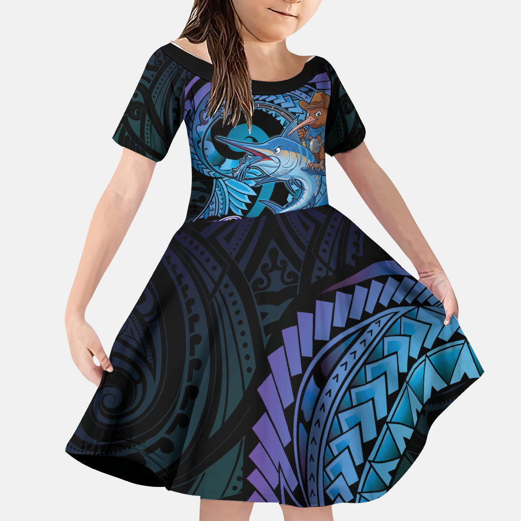 Personalised Blue Marlin Fishing New Zealand Family Matching Off Shoulder Short Dress and Hawaiian Shirt NZ Kiwi Cowboy Born To Fish LT14 Daughter's Dress Purple - Polynesian Pride