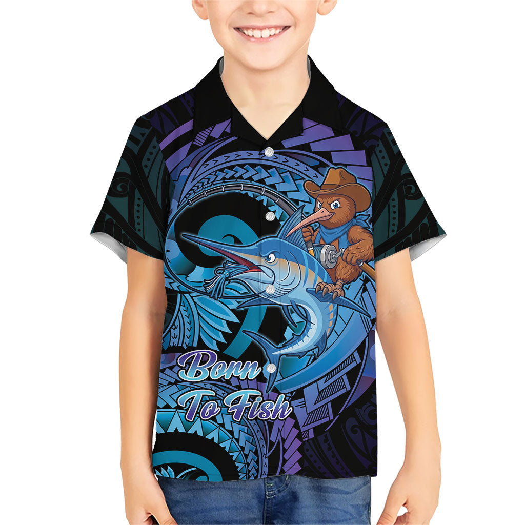Personalised Blue Marlin Fishing New Zealand Family Matching Off Shoulder Short Dress and Hawaiian Shirt NZ Kiwi Cowboy Born To Fish LT14 Son's Shirt Purple - Polynesian Pride