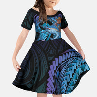 Personalised Blue Marlin Fishing New Zealand Family Matching Puletasi and Hawaiian Shirt NZ Kiwi Cowboy Born To Fish LT14 Daughter's Dress Purple - Polynesian Pride