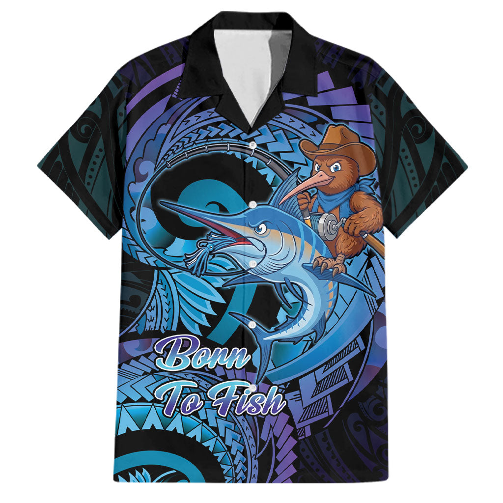 Personalised Blue Marlin Fishing New Zealand Family Matching Puletasi and Hawaiian Shirt NZ Kiwi Cowboy Born To Fish LT14 Dad's Shirt - Short Sleeve Purple - Polynesian Pride