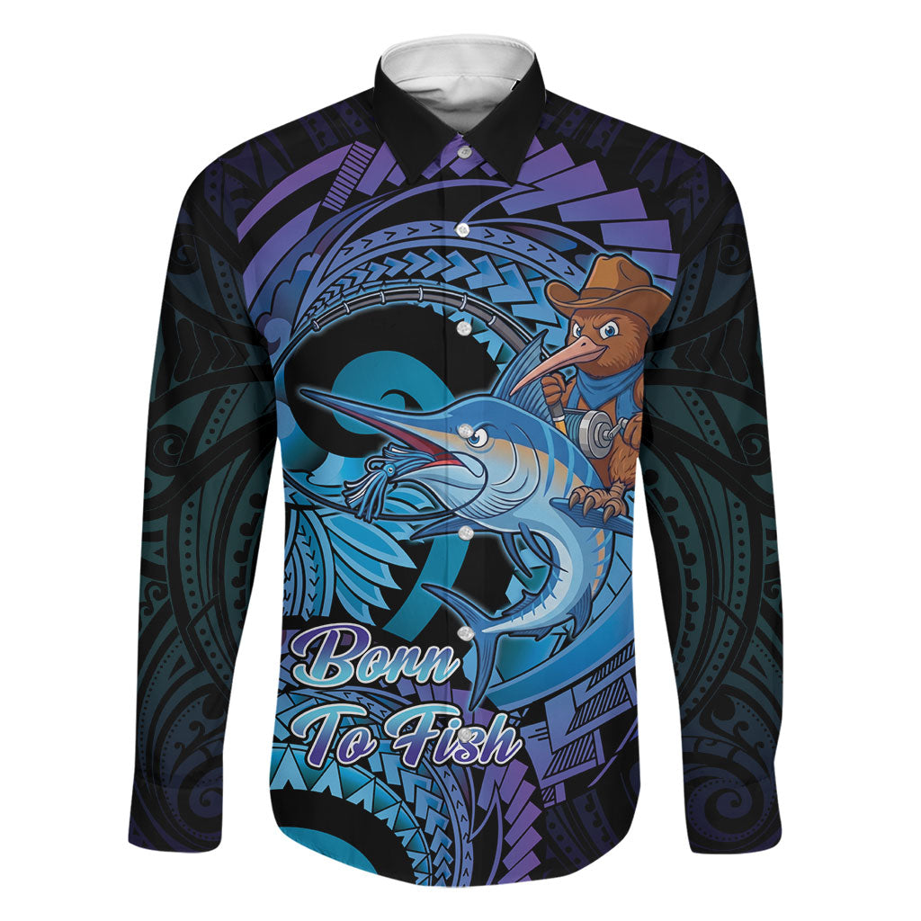 Personalised Blue Marlin Fishing New Zealand Family Matching Puletasi and Hawaiian Shirt NZ Kiwi Cowboy Born To Fish LT14 Dad's Shirt - Long Sleeve Purple - Polynesian Pride