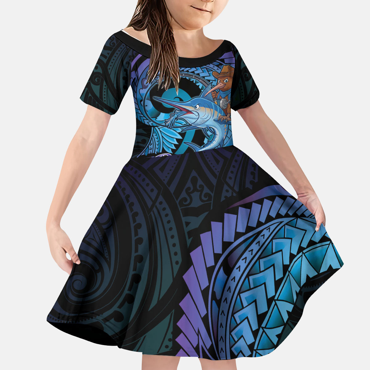 Personalised Blue Marlin Fishing New Zealand Kid Short Sleeve Dress NZ Kiwi Cowboy Born To Fish LT14 KID Purple - Polynesian Pride