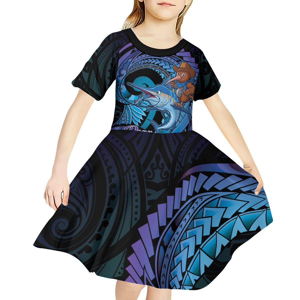 Personalised Blue Marlin Fishing New Zealand Kid Short Sleeve Dress NZ Kiwi Cowboy Born To Fish LT14 - Polynesian Pride