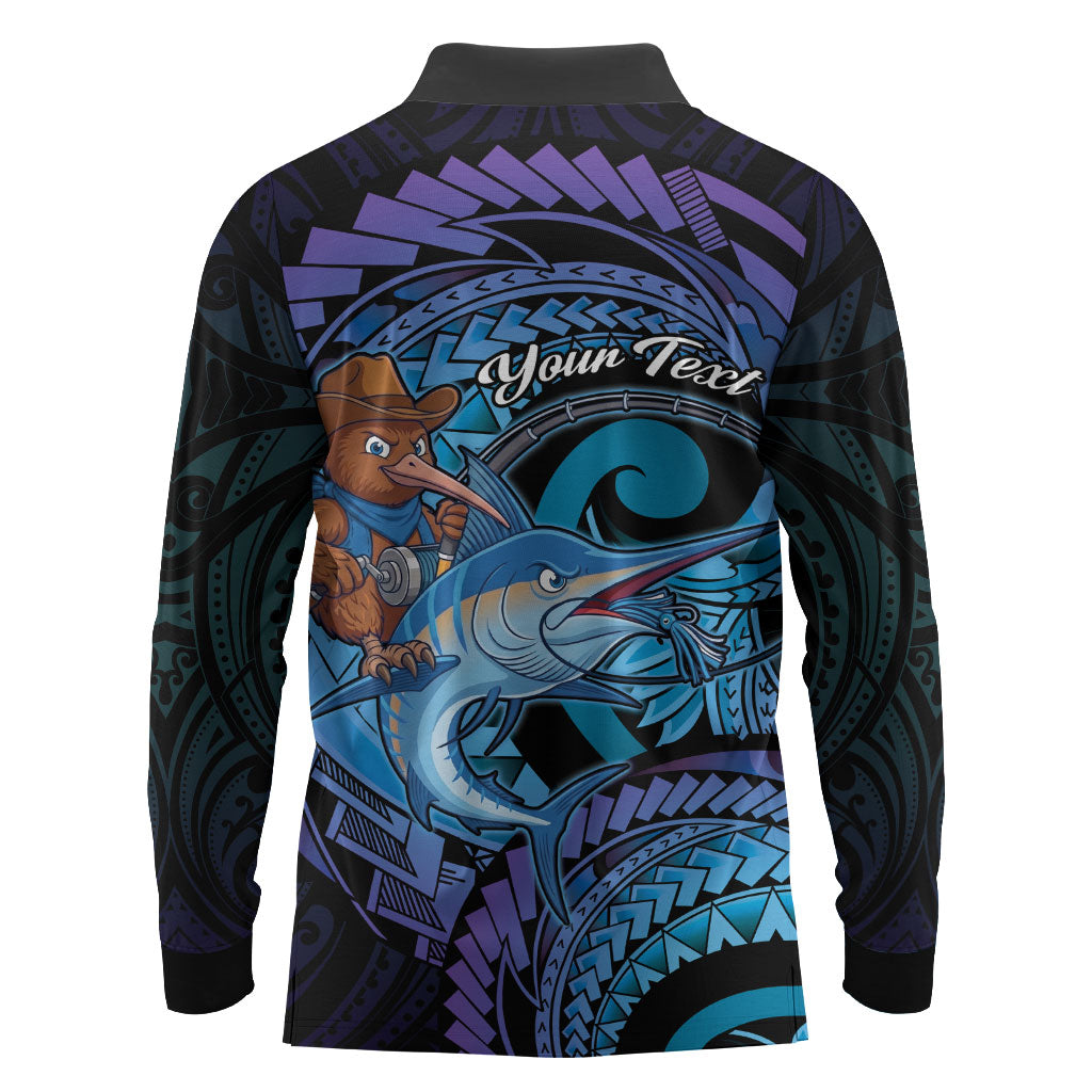 Personalised Blue Marlin Fishing New Zealand Long Sleeve Polo Shirt NZ Kiwi Cowboy Born To Fish LT14 - Polynesian Pride