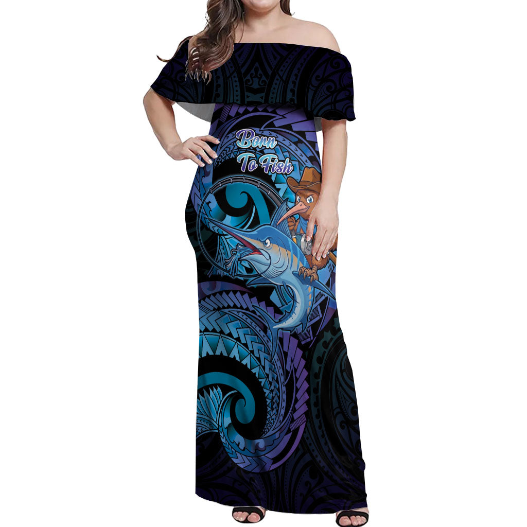 Personalised Blue Marlin Fishing New Zealand Off Shoulder Maxi Dress NZ Kiwi Cowboy Born To Fish LT14 Women Purple - Polynesian Pride