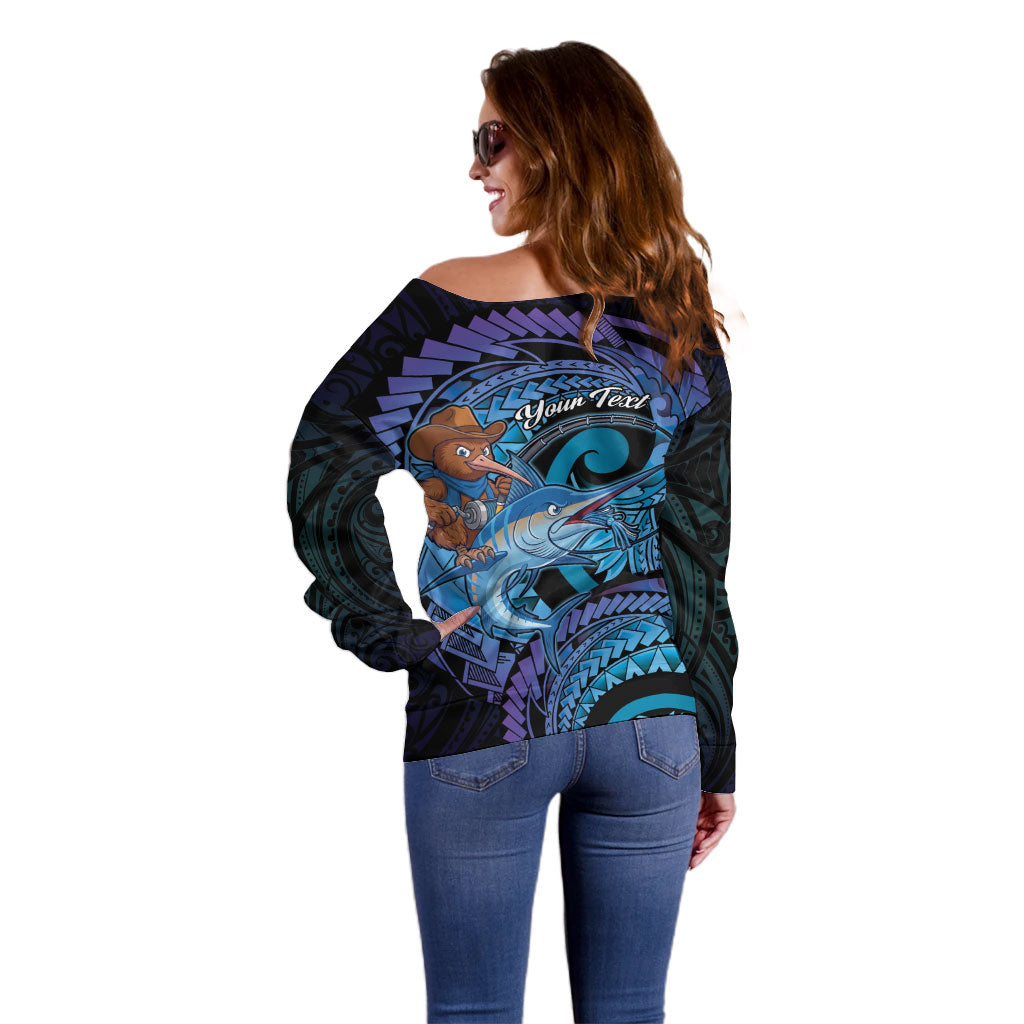 Personalised Blue Marlin Fishing New Zealand Off Shoulder Sweater NZ Kiwi Cowboy Born To Fish LT14 - Polynesian Pride