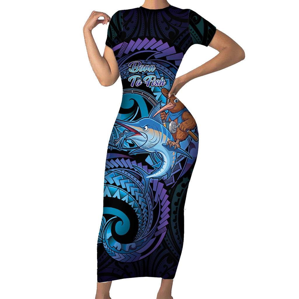 Personalised Blue Marlin Fishing New Zealand Short Sleeve Bodycon Dress NZ Kiwi Cowboy Born To Fish LT14 Long Dress Purple - Polynesian Pride