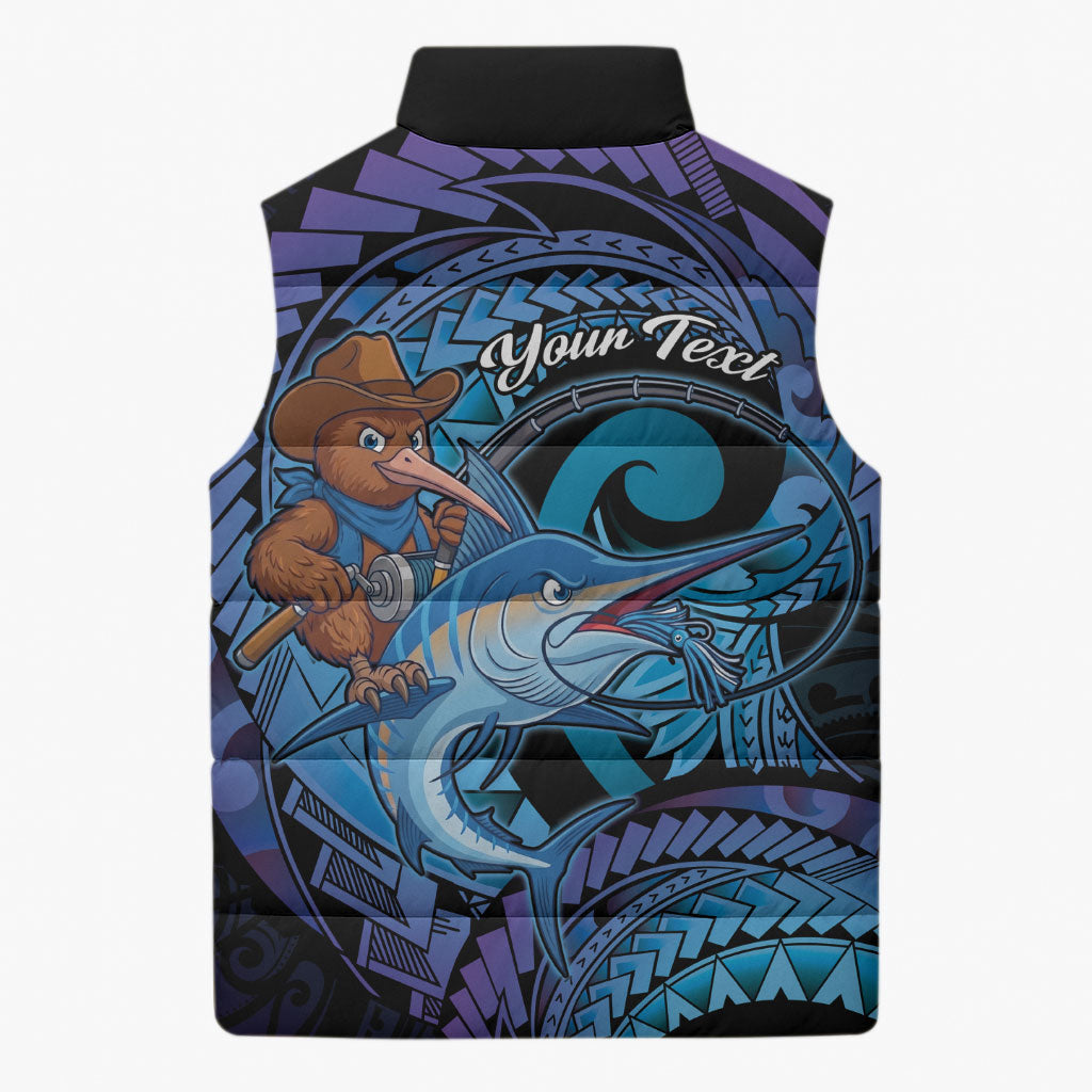Personalised Blue Marlin Fishing New Zealand Sleeveless Puffer Jacket NZ Kiwi Cowboy Born To Fish LT14 - Polynesian Pride