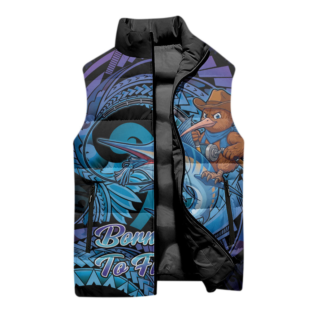 Personalised Blue Marlin Fishing New Zealand Sleeveless Puffer Jacket NZ Kiwi Cowboy Born To Fish LT14 - Polynesian Pride