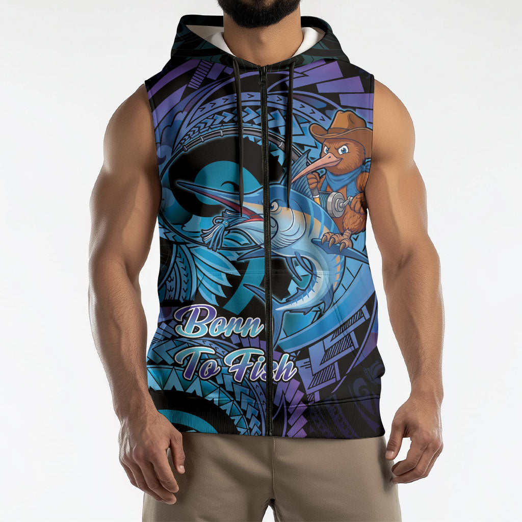 Personalised Blue Marlin Fishing New Zealand Sleeveless Zip Hoodie NZ Kiwi Cowboy Born To Fish LT14 - Polynesian Pride