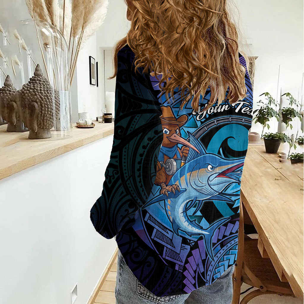 Personalised Blue Marlin Fishing New Zealand Women Casual Shirt NZ Kiwi Cowboy Born To Fish LT14 - Polynesian Pride