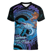 Personalised Blue Marlin Fishing New Zealand Women V-Neck T-Shirt NZ Kiwi Cowboy Born To Fish LT14 Female Purple - Polynesian Pride