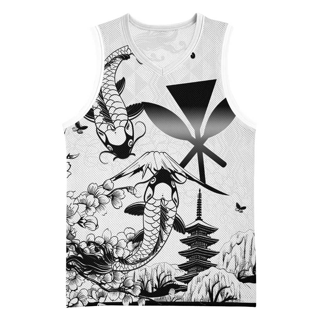 Japan And Hawaii Basketball Jersey Sakura Koi Fish Hawaiian Lei Kanaka LT14 Unisex White - Polynesian Pride