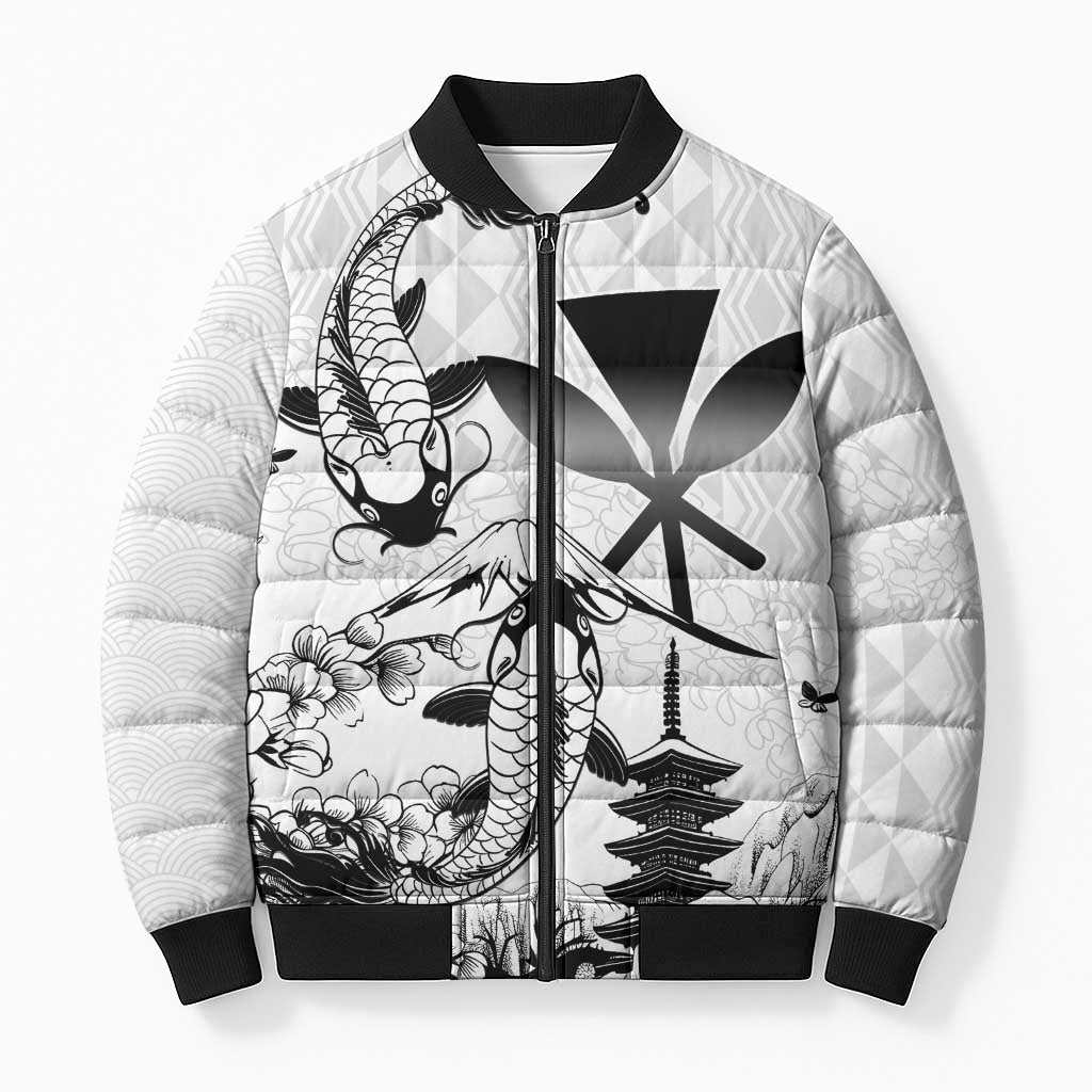 Japan And Hawaii Bomber Puffer Jacket Sakura Koi Fish Hawaiian Lei Kanaka LT14 Unisex White - Polynesian Pride