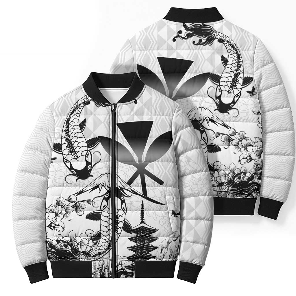 Japan And Hawaii Bomber Puffer Jacket Sakura Koi Fish Hawaiian Lei Kanaka - Polynesian Pride