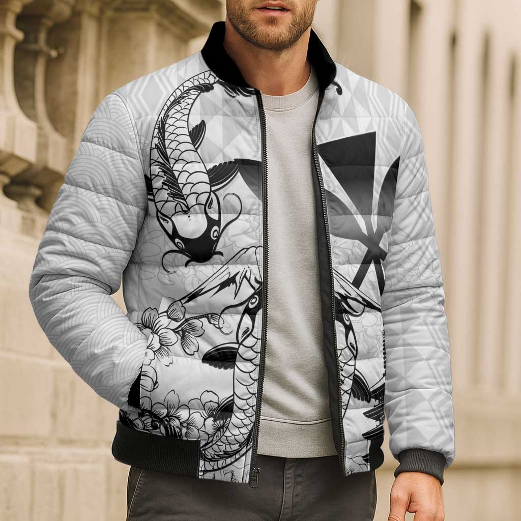 Japan And Hawaii Bomber Puffer Jacket Sakura Koi Fish Hawaiian Lei Kanaka - Polynesian Pride