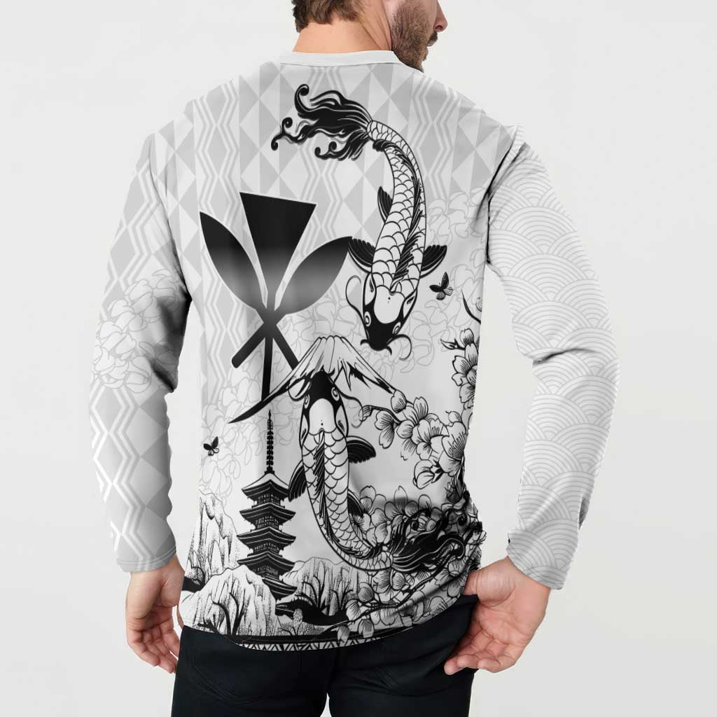 Japan And Hawaii Button Sweatshirt Sakura Koi Fish Hawaiian Lei Kanaka - Polynesian Pride