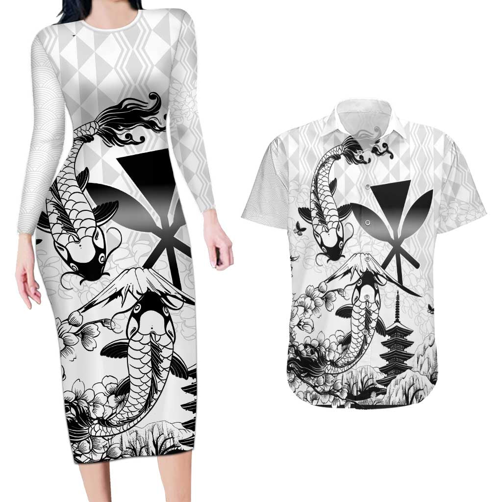 Japan And Hawaii Couples Matching Long Sleeve Bodycon Dress and Hawaiian Shirt Sakura Koi Fish Hawaiian Lei Kanaka - Polynesian Pride