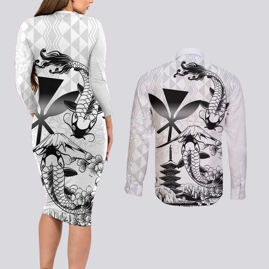 Japan And Hawaii Couples Matching Long Sleeve Bodycon Dress and Long Sleeve Button Shirt Sakura Koi Fish Hawaiian Lei Kanaka - Polynesian Pride