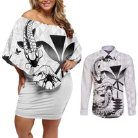 Japan And Hawaii Couples Matching Off Shoulder Short Dress and Long Sleeve Button Shirt Sakura Koi Fish Hawaiian Lei Kanaka - Polynesian Pride