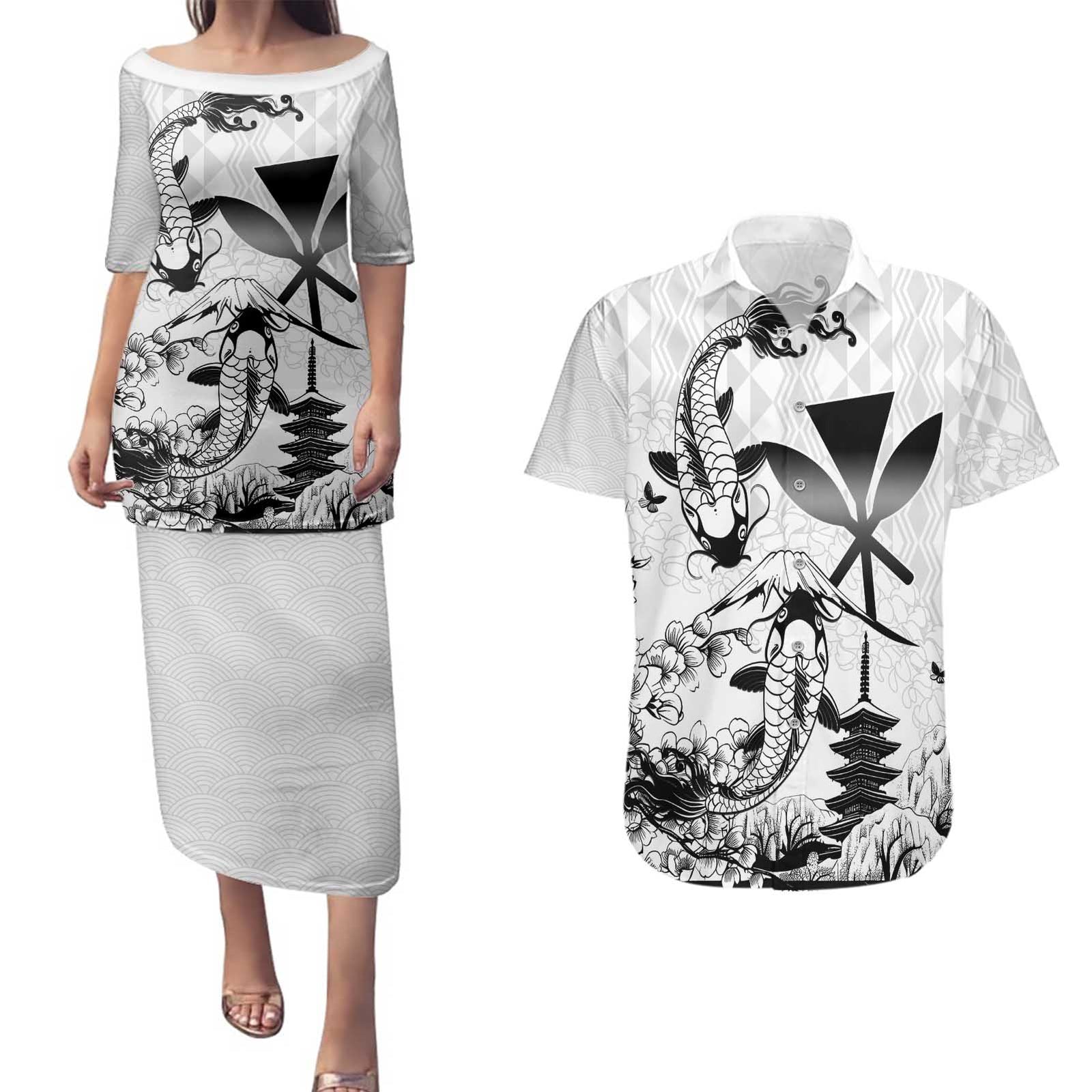 Japan And Hawaii Couples Matching Puletasi and Hawaiian Shirt Sakura Koi Fish Hawaiian Lei Kanaka - Polynesian Pride
