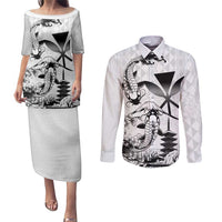 Japan And Hawaii Couples Matching Puletasi and Long Sleeve Button Shirt Sakura Koi Fish Hawaiian Lei Kanaka LT14 White - Polynesian Pride