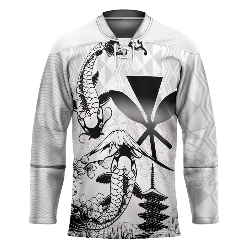 Japan And Hawaii Hockey Jersey Sakura Koi Fish Hawaiian Lei Kanaka LT14 Unisex White - Polynesian Pride