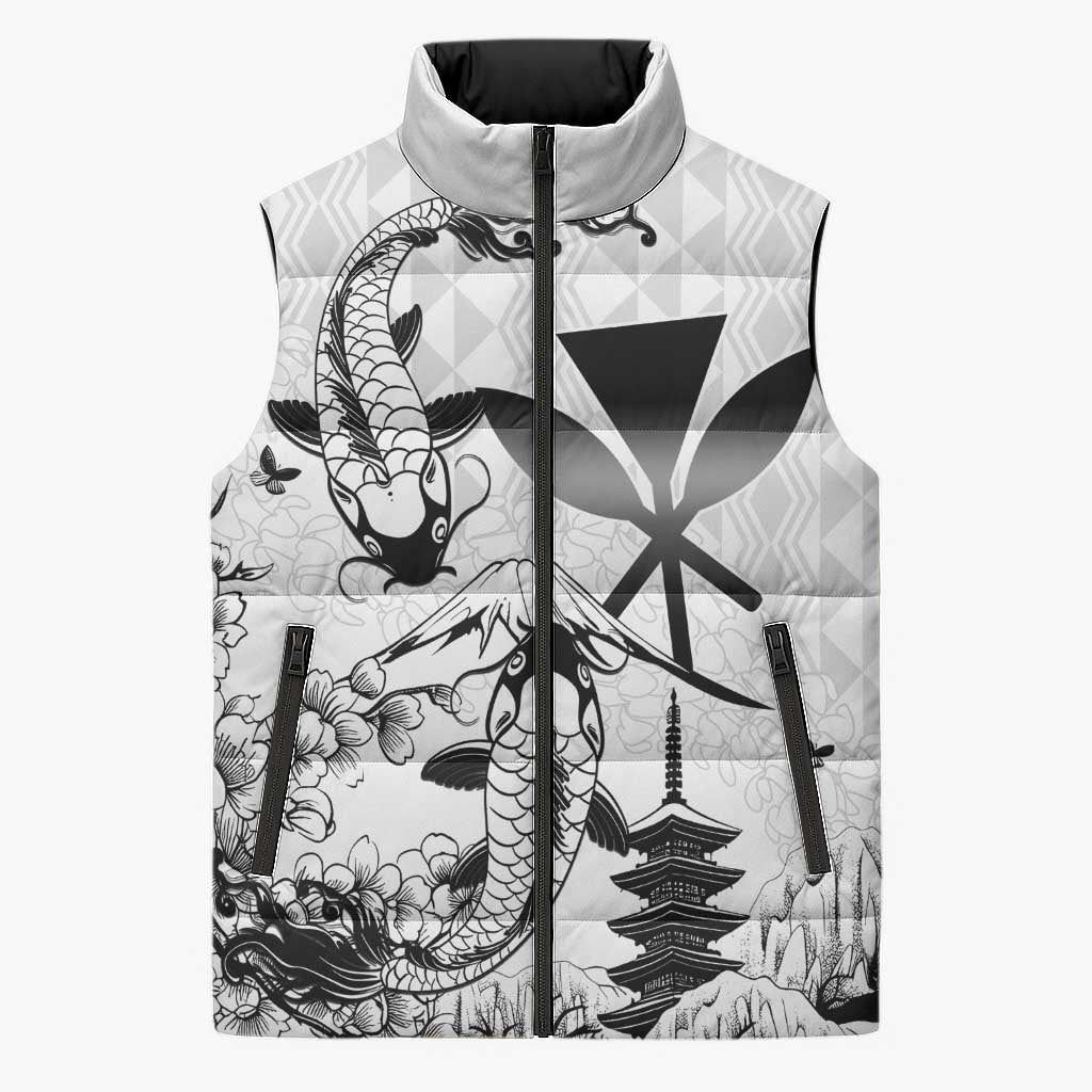 Japan And Hawaii Sleeveless Puffer Jacket Sakura Koi Fish Hawaiian Lei Kanaka LT14 Unisex White - Polynesian Pride