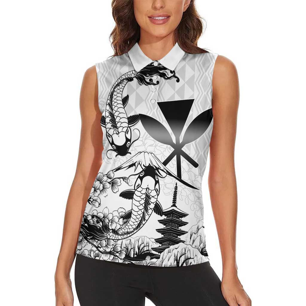 Japan And Hawaii Women Sleeveless Polo Shirt Sakura Koi Fish Hawaiian Lei Kanaka - Polynesian Pride