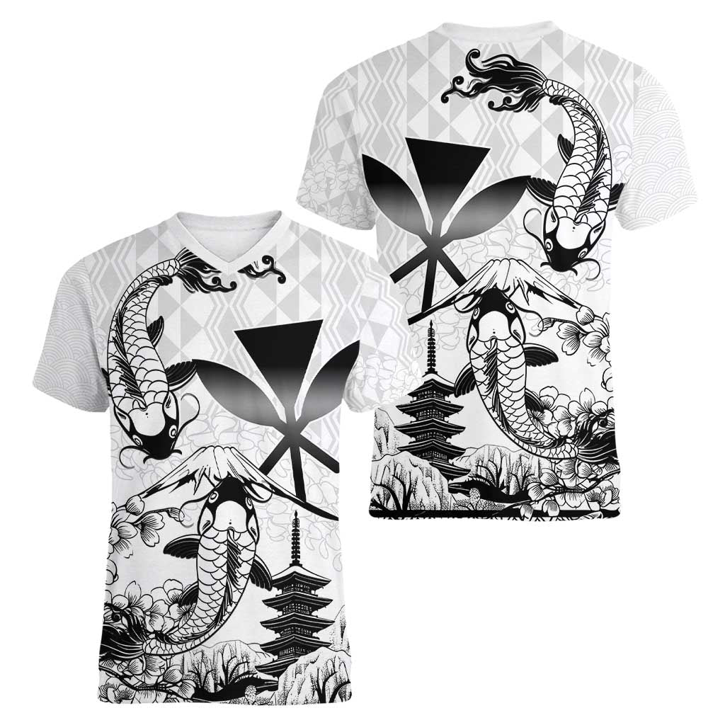 Japan And Hawaii Women V-Neck T-Shirt Sakura Koi Fish Hawaiian Lei Kanaka - Polynesian Pride