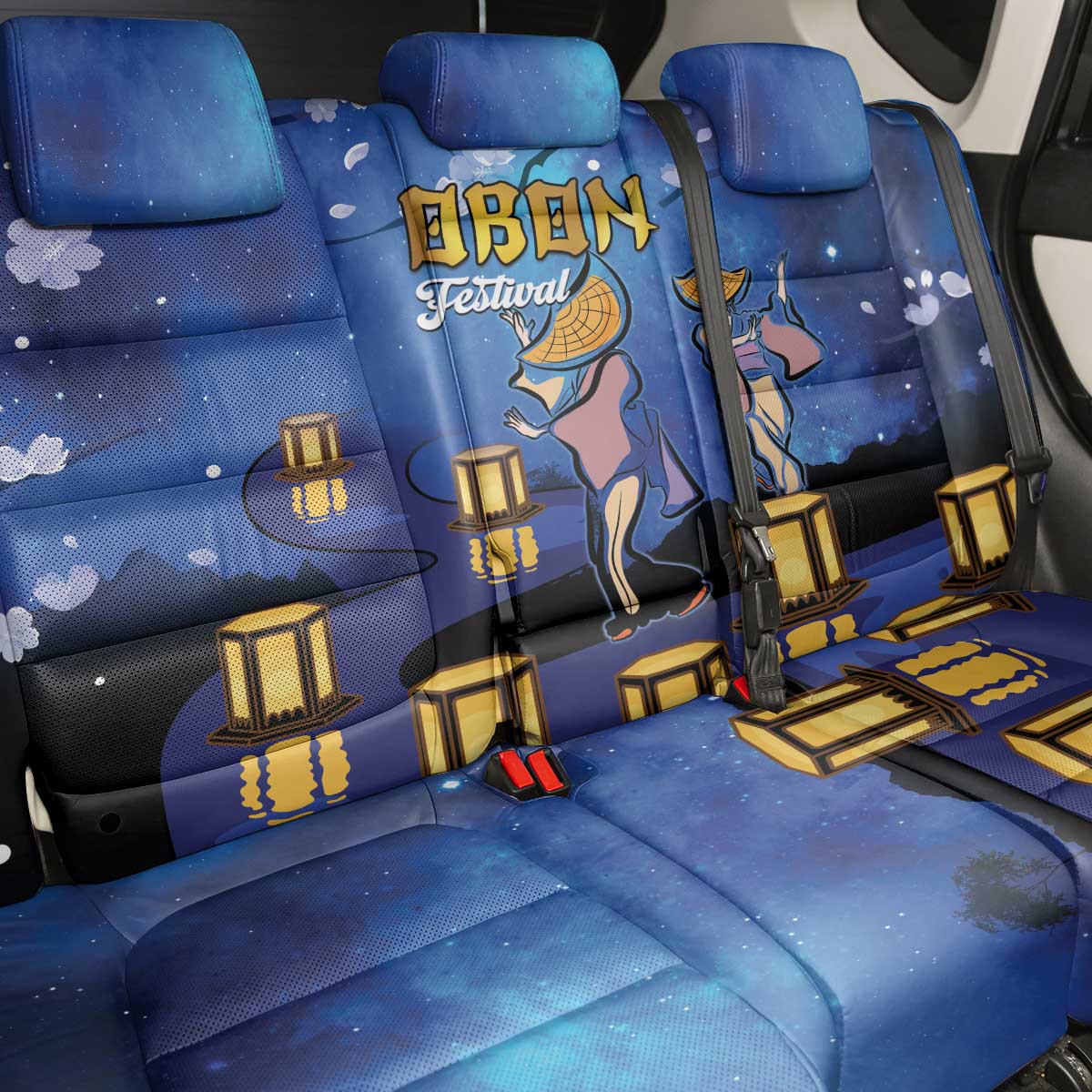 Japan Obon Festival Back Car Seat Cover Sakura Lanterns With Bon Dance - Polynesian Pride