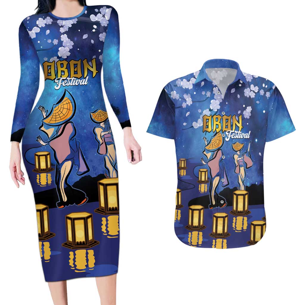 Japan Obon Festival Couples Matching Long Sleeve Bodycon Dress and Hawaiian Shirt Sakura Lanterns With Bon Dance - Polynesian Pride