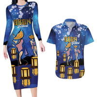 Japan Obon Festival Couples Matching Long Sleeve Bodycon Dress and Hawaiian Shirt Sakura Lanterns With Bon Dance - Polynesian Pride
