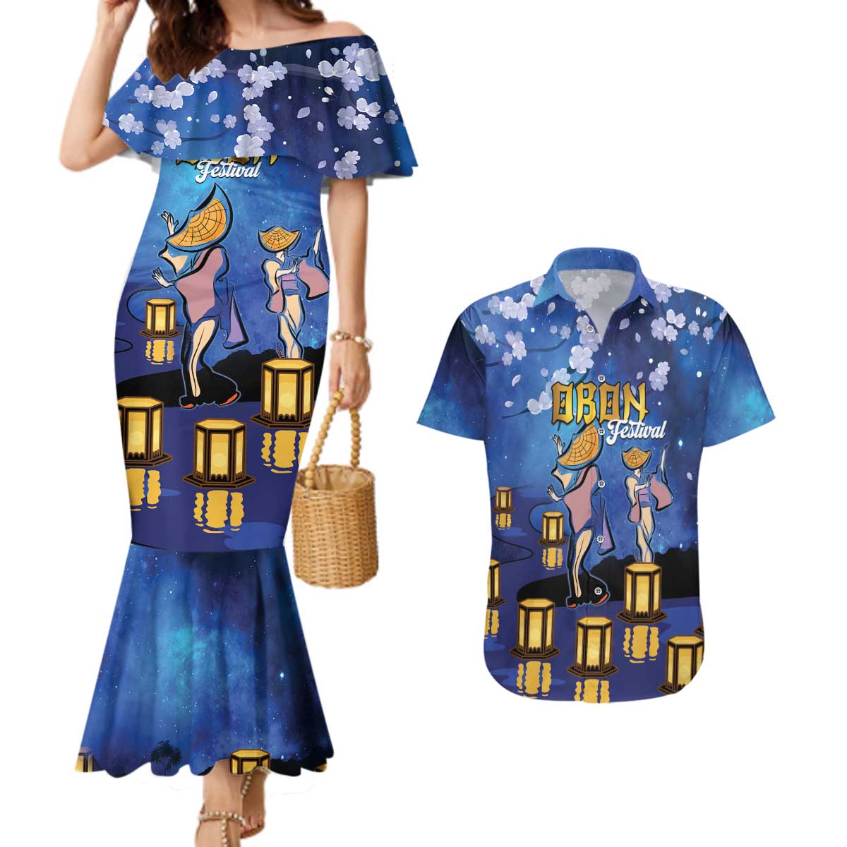 Japan Obon Festival Couples Matching Mermaid Dress and Hawaiian Shirt Sakura Lanterns With Bon Dance - Polynesian Pride