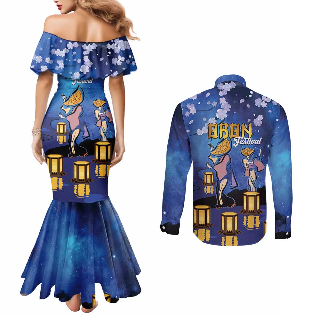 Japan Obon Festival Couples Matching Mermaid Dress and Long Sleeve Button Shirt Sakura Lanterns With Bon Dance LT14 - Polynesian Pride
