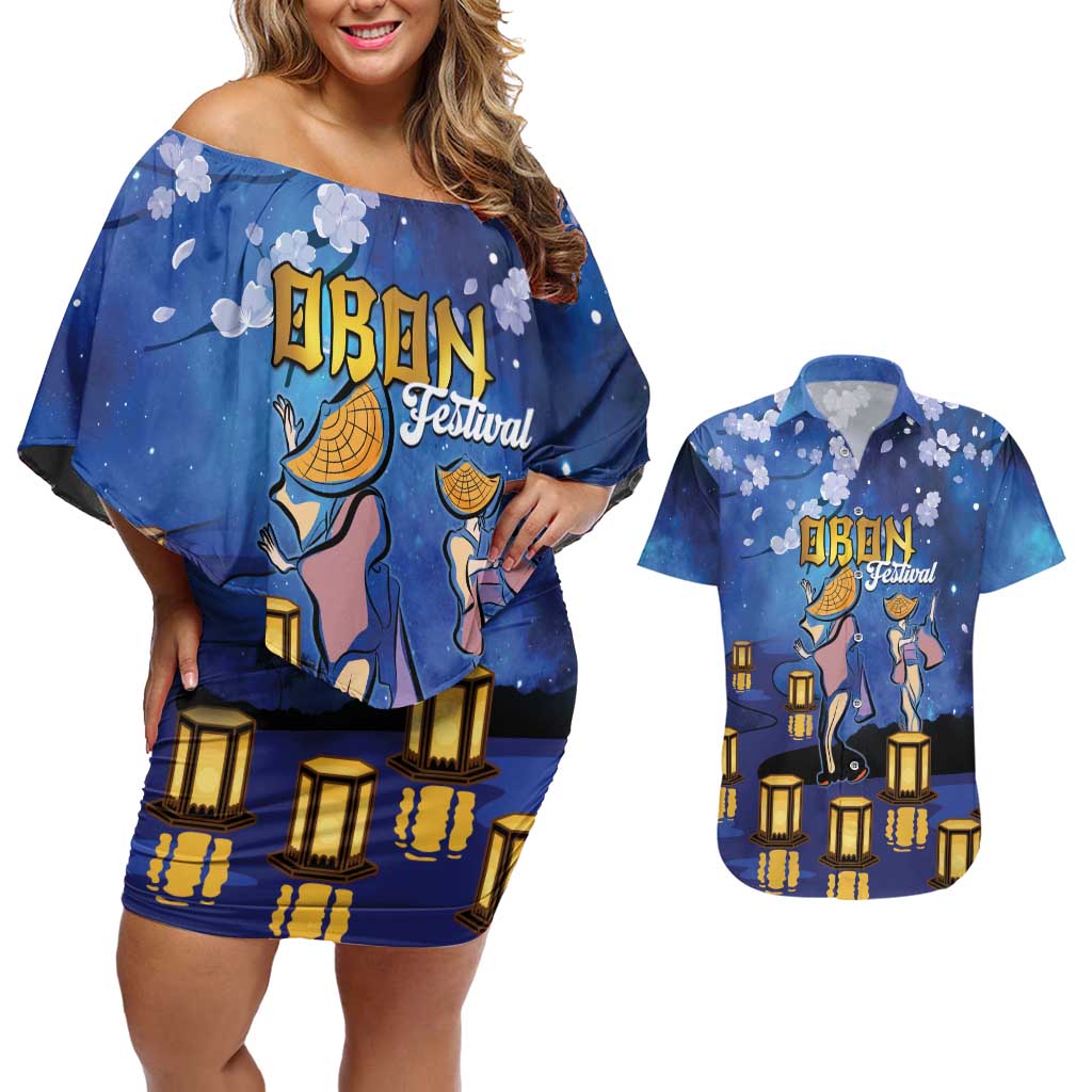 Japan Obon Festival Couples Matching Off Shoulder Short Dress and Hawaiian Shirt Sakura Lanterns With Bon Dance LT14 Blue - Polynesian Pride