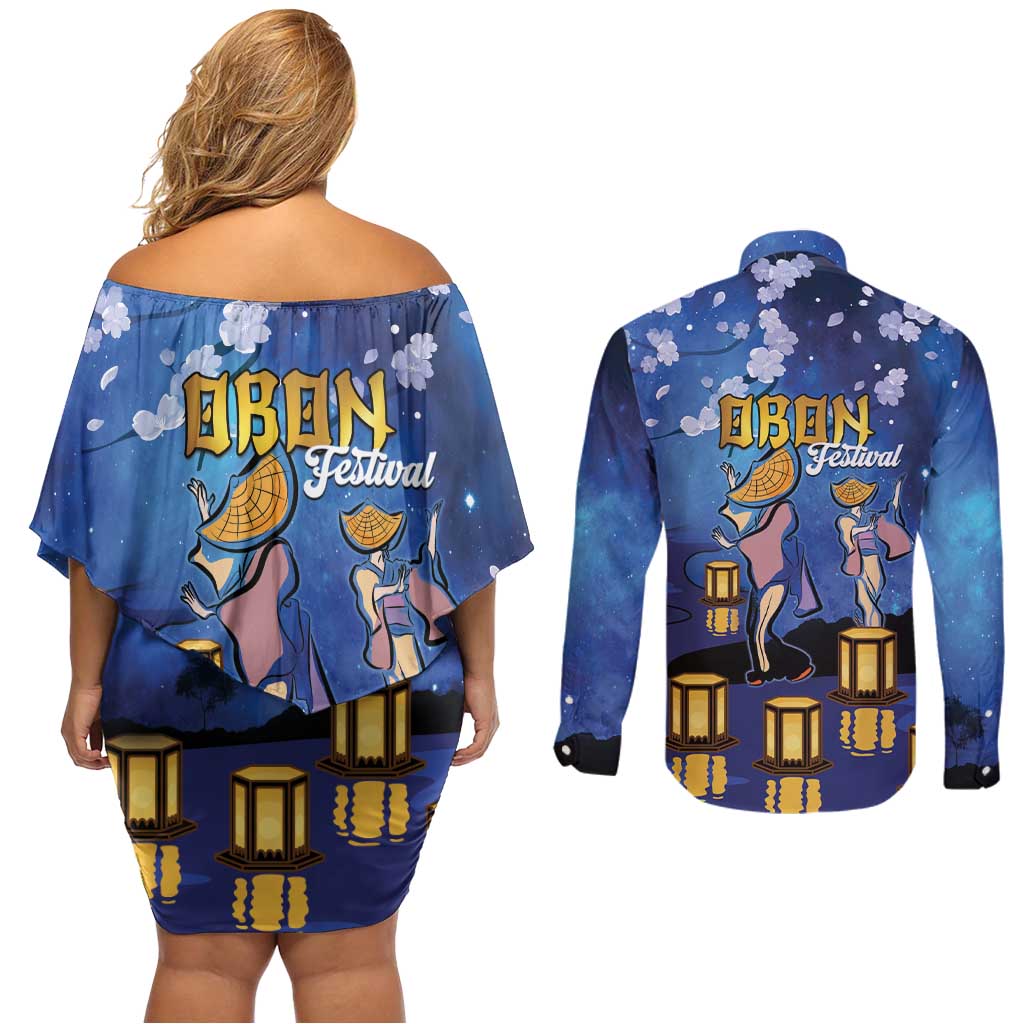 Japan Obon Festival Couples Matching Off Shoulder Short Dress and Long Sleeve Button Shirt Sakura Lanterns With Bon Dance LT14 - Polynesian Pride