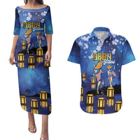 Japan Obon Festival Couples Matching Puletasi and Hawaiian Shirt Sakura Lanterns With Bon Dance LT14 Blue - Polynesian Pride