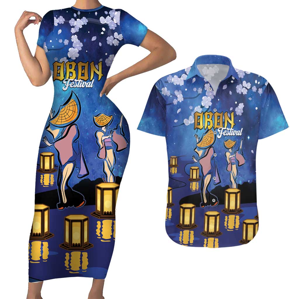 Japan Obon Festival Couples Matching Short Sleeve Bodycon Dress and Hawaiian Shirt Sakura Lanterns With Bon Dance - Polynesian Pride