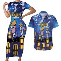 Japan Obon Festival Couples Matching Short Sleeve Bodycon Dress and Hawaiian Shirt Sakura Lanterns With Bon Dance - Polynesian Pride