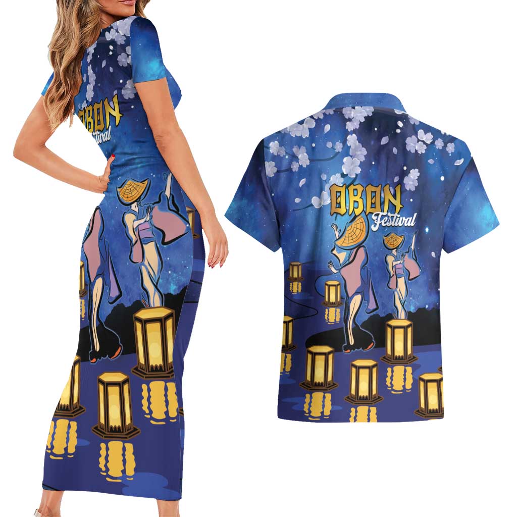 Japan Obon Festival Couples Matching Short Sleeve Bodycon Dress and Hawaiian Shirt Sakura Lanterns With Bon Dance - Polynesian Pride