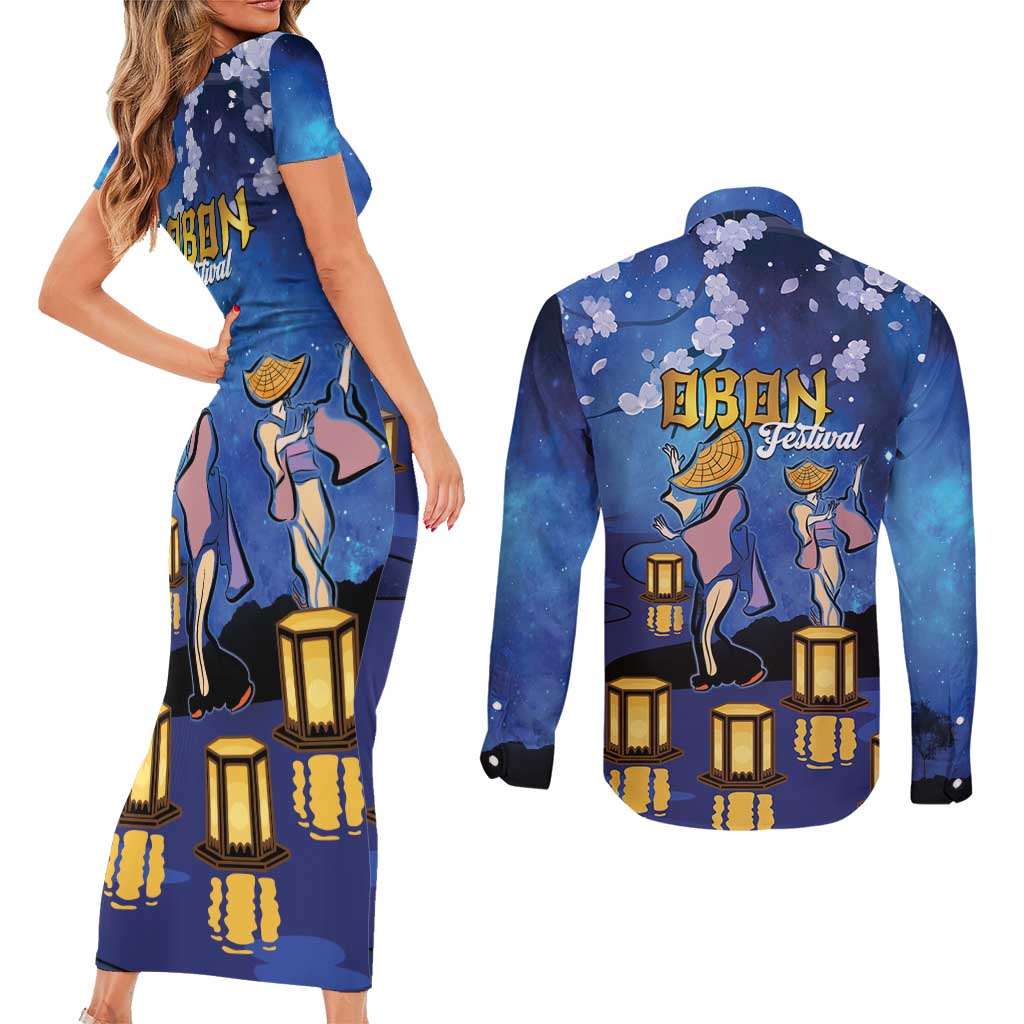Japan Obon Festival Couples Matching Short Sleeve Bodycon Dress and Long Sleeve Button Shirt Sakura Lanterns With Bon Dance LT14 - Polynesian Pride