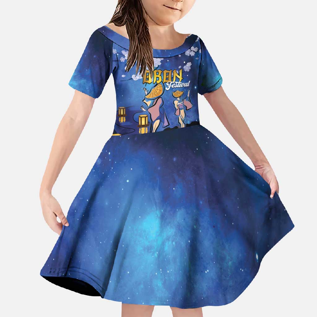 Japan Obon Festival Family Matching Long Sleeve Bodycon Dress and Hawaiian Shirt Sakura Lanterns With Bon Dance LT14 Daughter's Dress Blue - Polynesian Pride