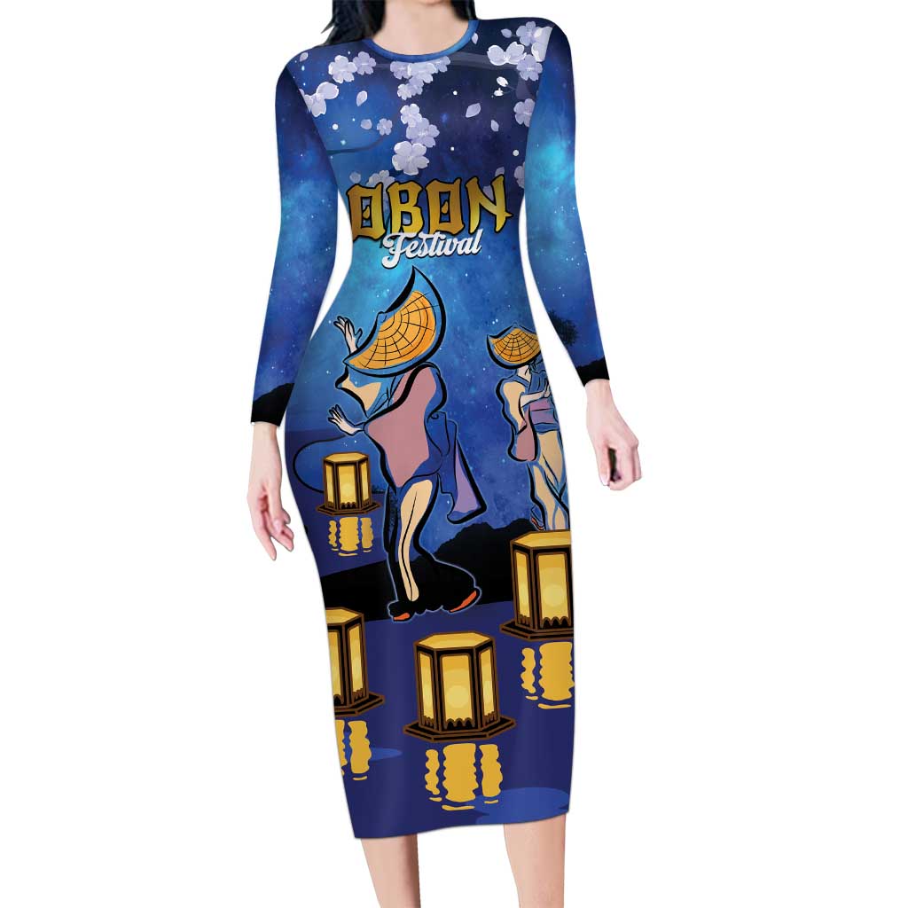Japan Obon Festival Family Matching Long Sleeve Bodycon Dress and Hawaiian Shirt Sakura Lanterns With Bon Dance LT14 Mom's Dress Blue - Polynesian Pride