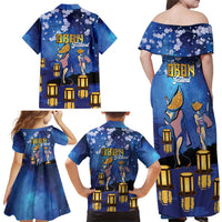 Japan Obon Festival Family Matching Off Shoulder Maxi Dress and Hawaiian Shirt Sakura Lanterns With Bon Dance - Polynesian Pride