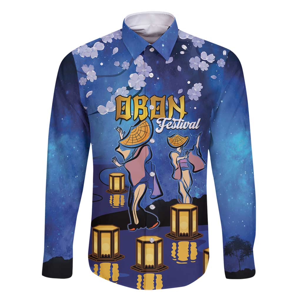 Japan Obon Festival Family Matching Tank Maxi Dress and Hawaiian Shirt Sakura Lanterns With Bon Dance LT14 Dad's Shirt - Long Sleeve Blue - Polynesian Pride